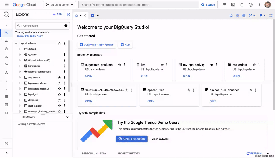 BigQuery Studio SQL editor with query results and job details