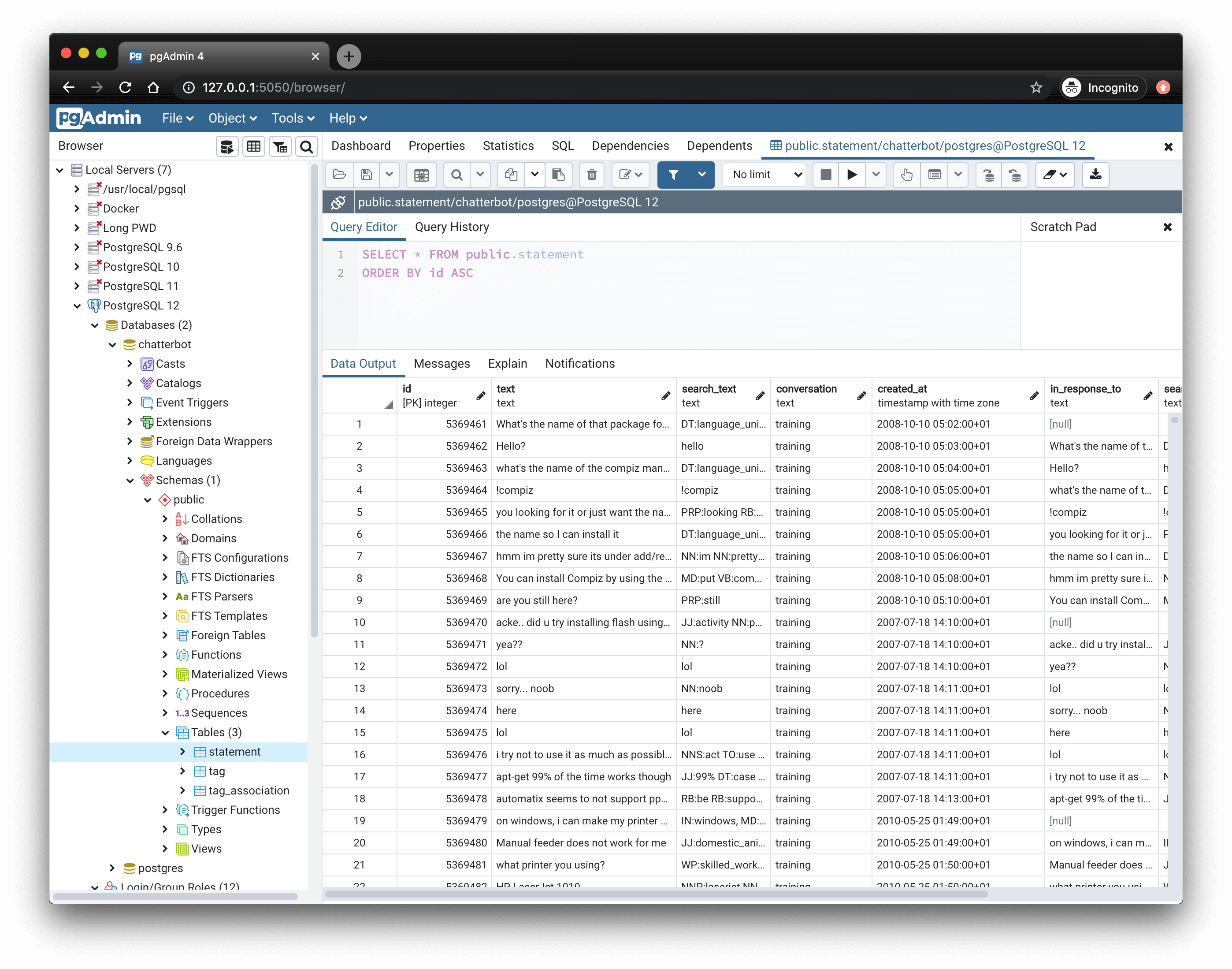 pgAdmin query tool and data editor interface