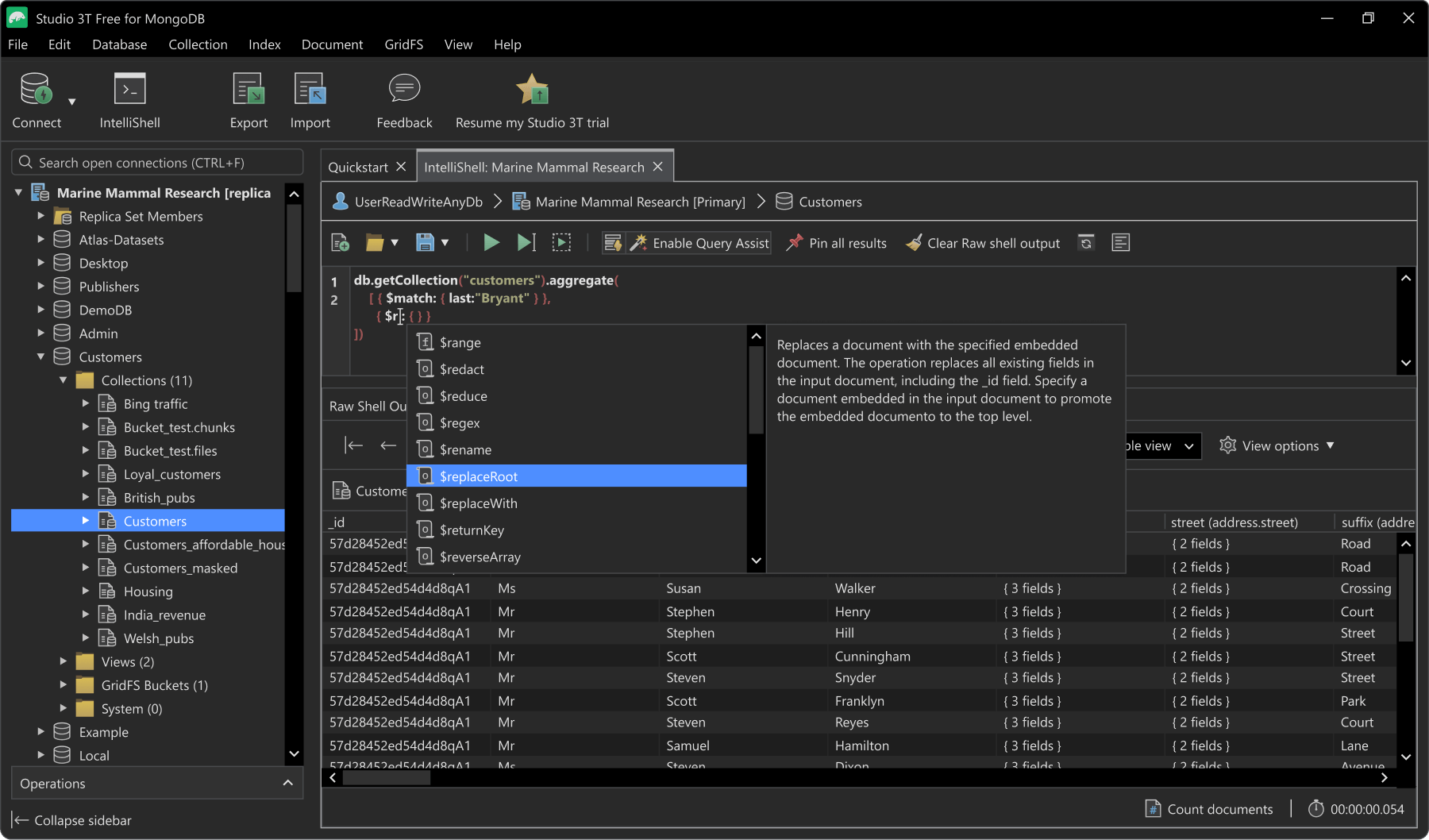 Robo 3T MongoDB shell with embedded visual results